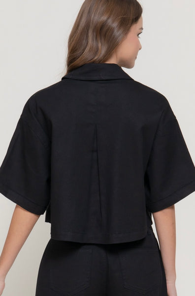 Short Slv Stretch Cotton Twill Boxy Jacket Top