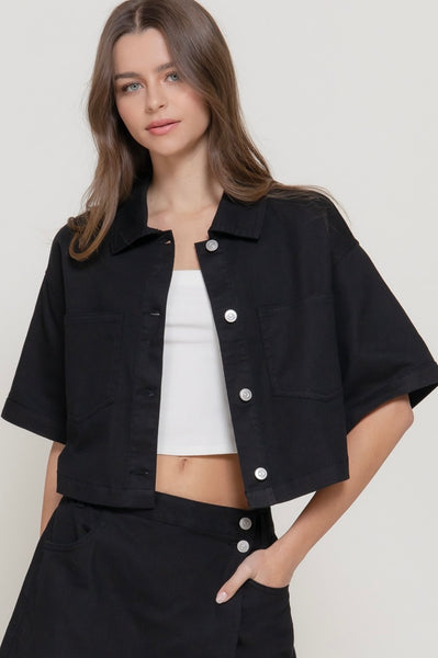 Short Slv Stretch Cotton Twill Boxy Jacket Top