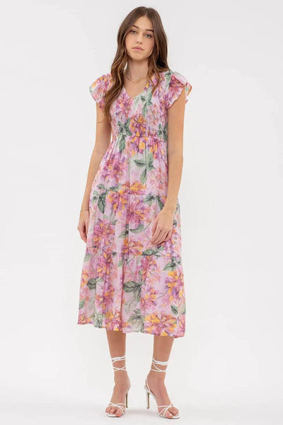 Breezy Smocked V Neck Midi Summer Dress