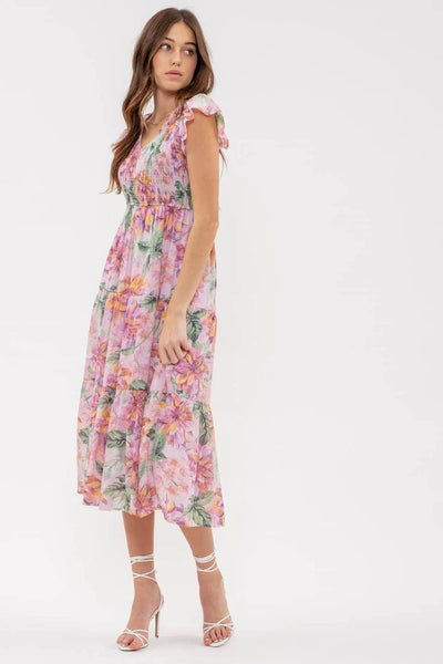 Breezy Smocked V Neck Midi Summer Dress