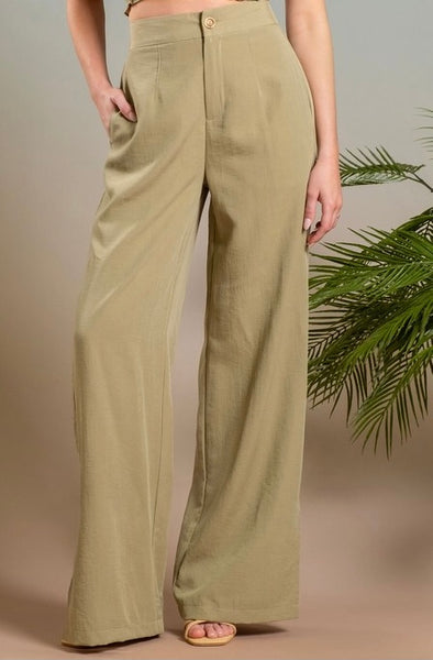 Linen Mix High Waist Wide Split Leg Dress Pants