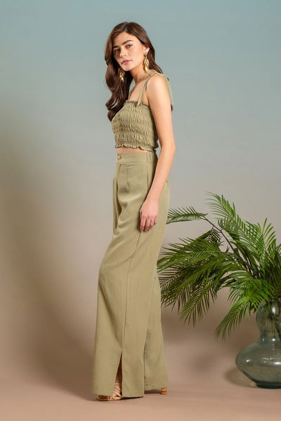 Linen Mix High Waist Wide Split Leg Dress Pants