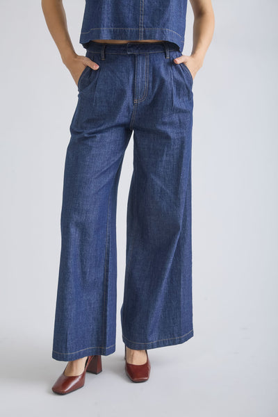 100% Cotton High Waist Pleated Wide Leg Denim Pants