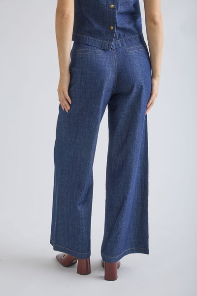 100% Cotton High Waist Pleated Wide Leg Denim Pants