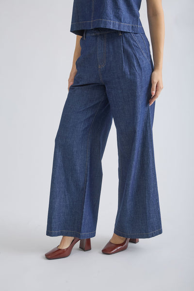 100% Cotton High Waist Pleated Wide Leg Denim Pants