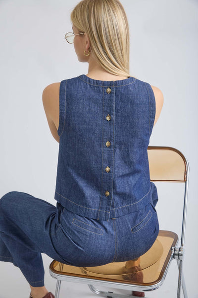 Cotton Denim Top Sin Mangas con Botones en Espalda