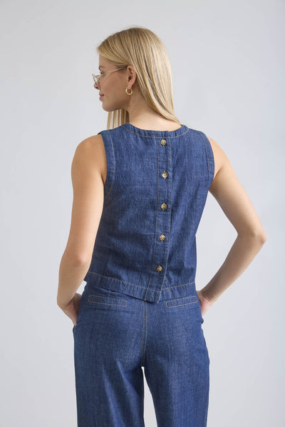 100% Cotton Boat Neck Back Button Sleeveless Denim Top