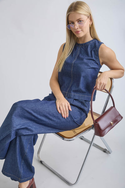 100% Cotton Boat Neck Back Button Sleeveless Denim Top