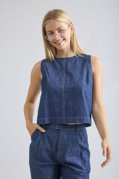 100% Cotton Boat Neck Back Button Sleeveless Denim Top