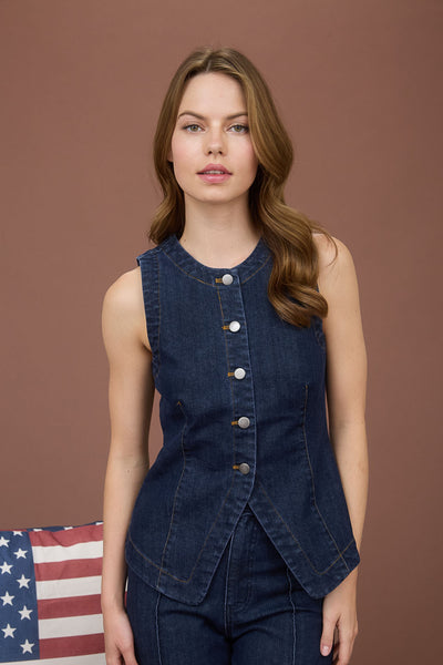 Round Neck Button Down Sleeveless Denim Vest