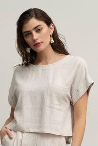 Linen Blend Fold Sleeve Boxy Top