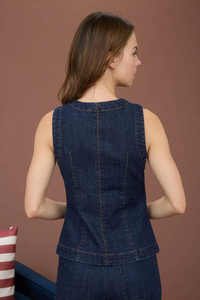 Round Neck Button Down Sleeveless Denim Vest