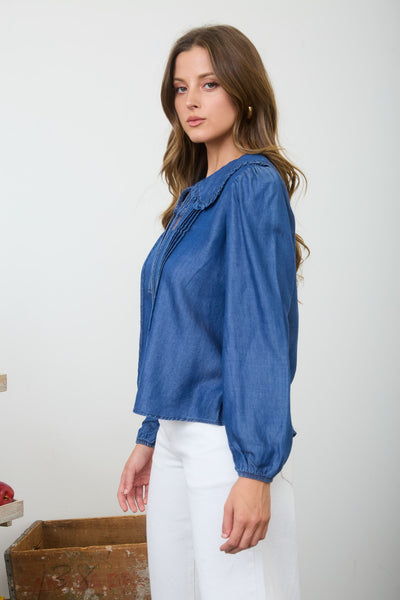 Denim Collared Pintuck Long Sleeve Top
