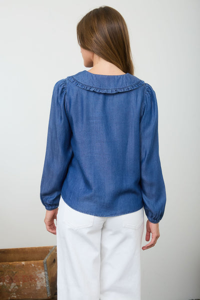 Denim Collared Pintuck Long Sleeve Top