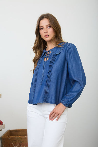 Denim Collared Pintuck Long Sleeve Top