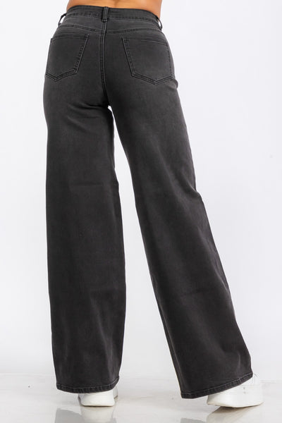 High Waist Stretch Washed Black Wide Leg Jeans