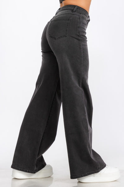 High Waist Stretch Washed Black Wide Leg Jeans