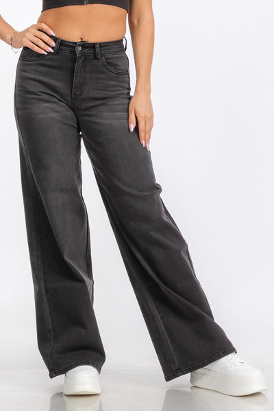High Waist Stretch Washed Black Wide Leg Jeans