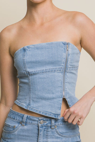 Denim Strapless Zipper Vest Top with Smocked Back