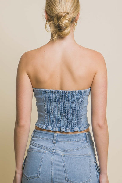 Denim Strapless Zipper Vest Top with Smocked Back