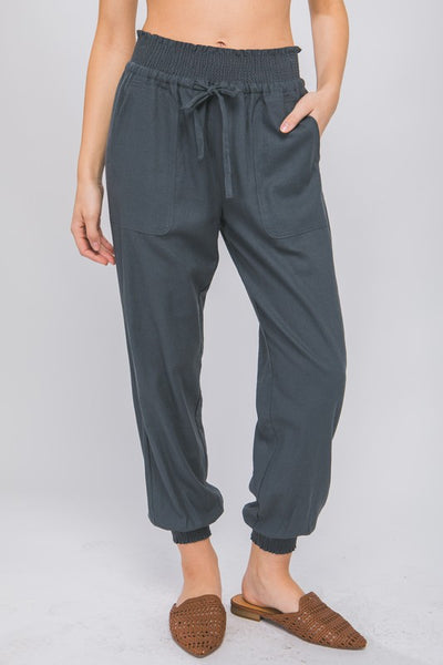 Linen Blend Elastic Waistband Pants