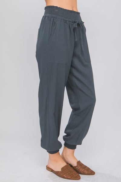 Linen Blend Elastic Waistband Pants