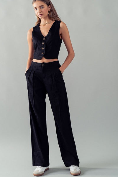 Linen Blend Tailored Wide Leg Pants