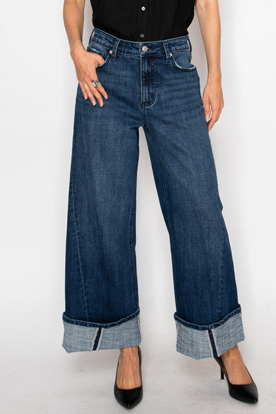 (Un-cuffable) with Snap Button Stretch High Rise Wideleg Jeans