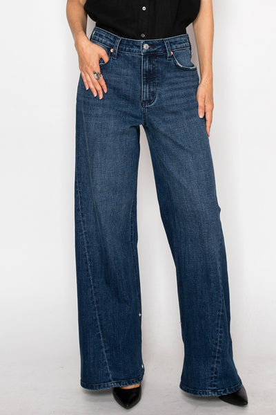 (Un-cuffable) with Snap Button Stretch High Rise Wideleg Jeans