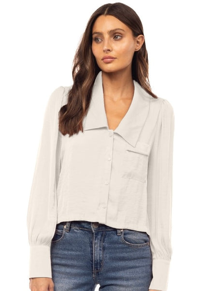 Satin Long Sleeve Collar Button Front Blouse
