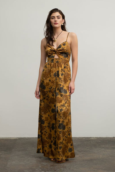 Satin Floral Twist Front Wide Leg Jumpsuit