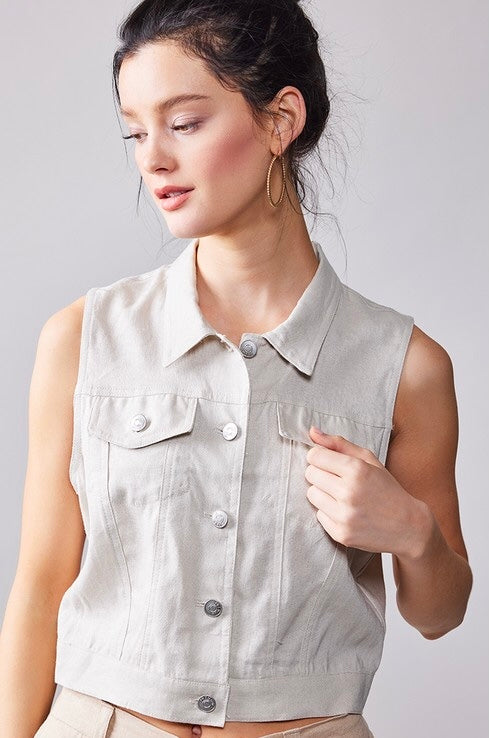 Linen Blend Sleeveless Buttoned Vest