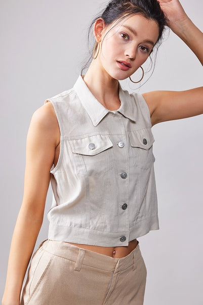 Linen Blend Sleeveless Buttoned Vest