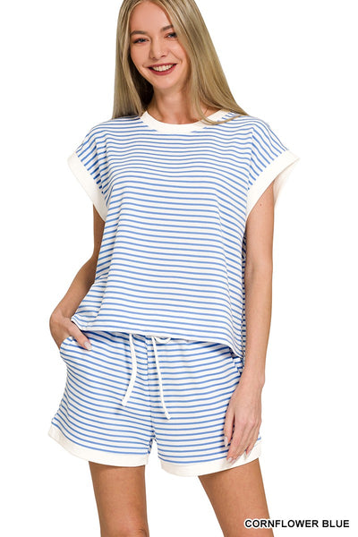 Stripe Contrast Trim Top & Shorts Set