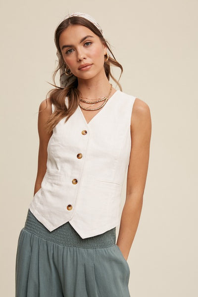 Linen Blend Vest with Pockets