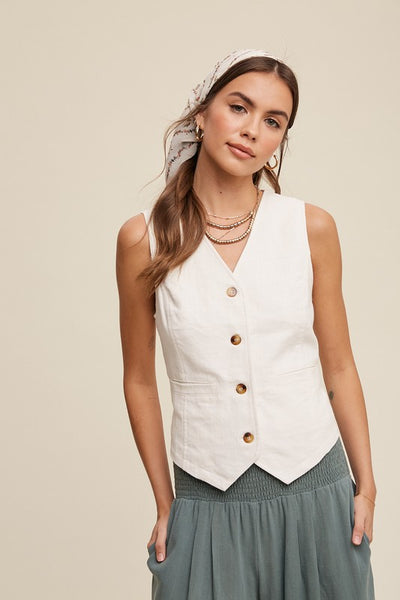 Linen Blend Vest with Pockets