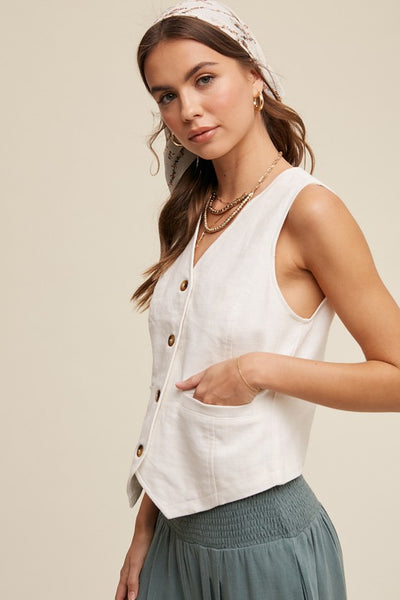 Linen Blend Vest with Pockets