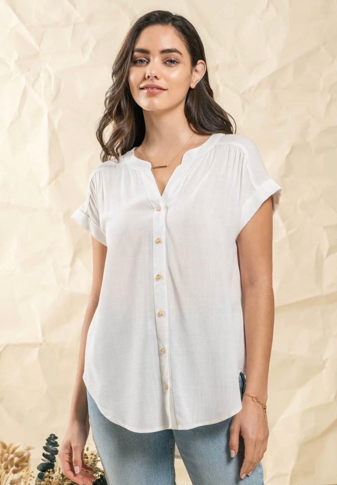 Linen Effect Button Down Short Sleeve Shirt