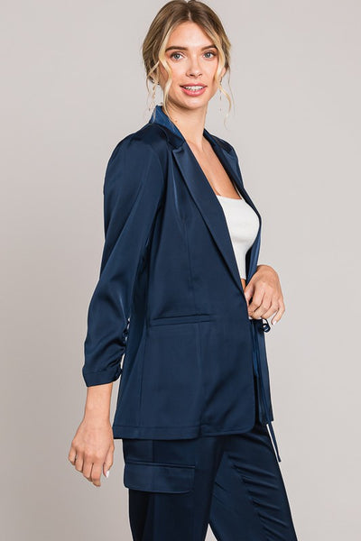 Satin Ruched Sleeve Blazer Jacket