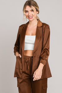 Satin Ruched Sleeve Blazer Jacket