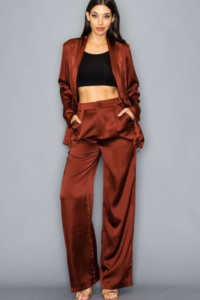 Satin Blazer + WideLeg Pants Set