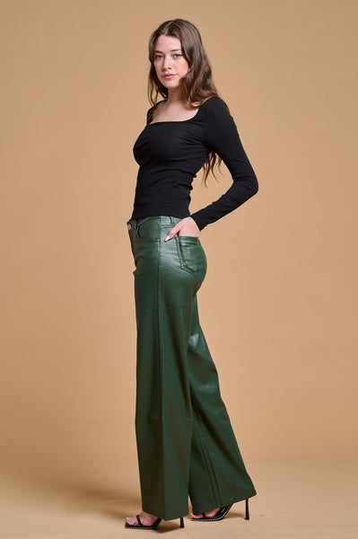 Stretch PU Faux Leather WidenLeg Pants