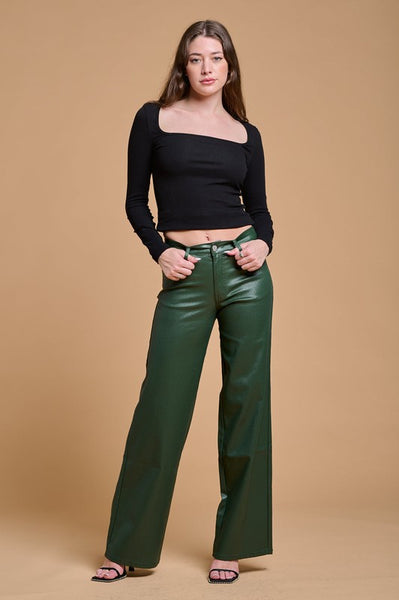 Stretch PU Faux Leather WidenLeg Pants