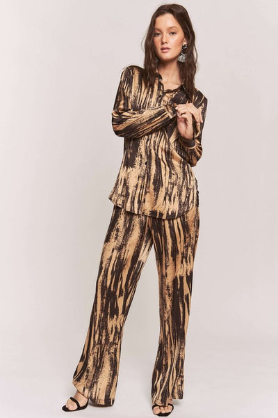 Satin Zebra Button Down Shirt + WideLeg Pants Set