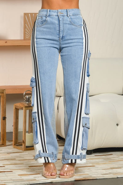 Wide Leg Track Cargo Mix Fabric Jeans