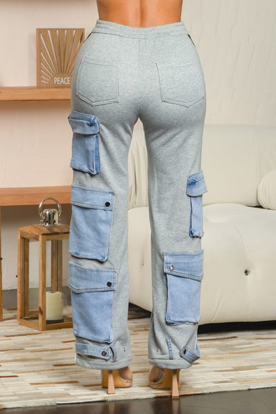 Wide Leg Track Cargo Mix Fabric Jeans