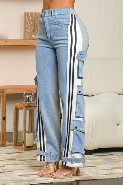 Wide Leg Track Cargo Mix Fabric Jeans