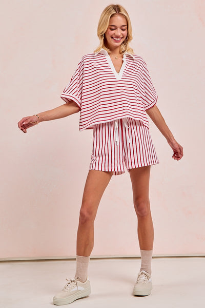Striped Collared Top & Shorts Set