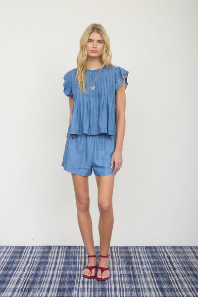 Super Soft Ruffle Sleeve Tencel Denim Top