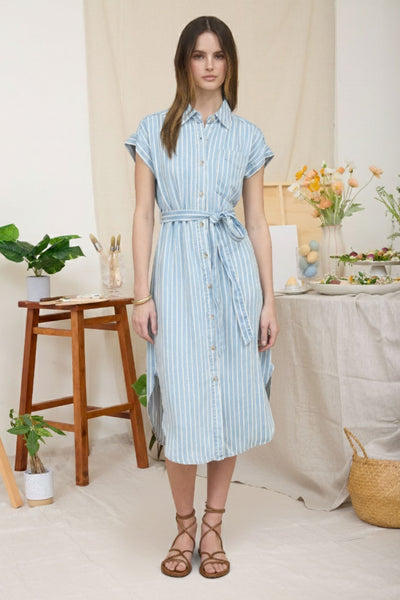Stripe Chambray Collared Tie Belt Strap Midi Dress